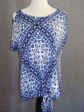 NWOT PerSeption Concept Blue White Short Sleeve Cold Shoulder Tie Front Top sz M